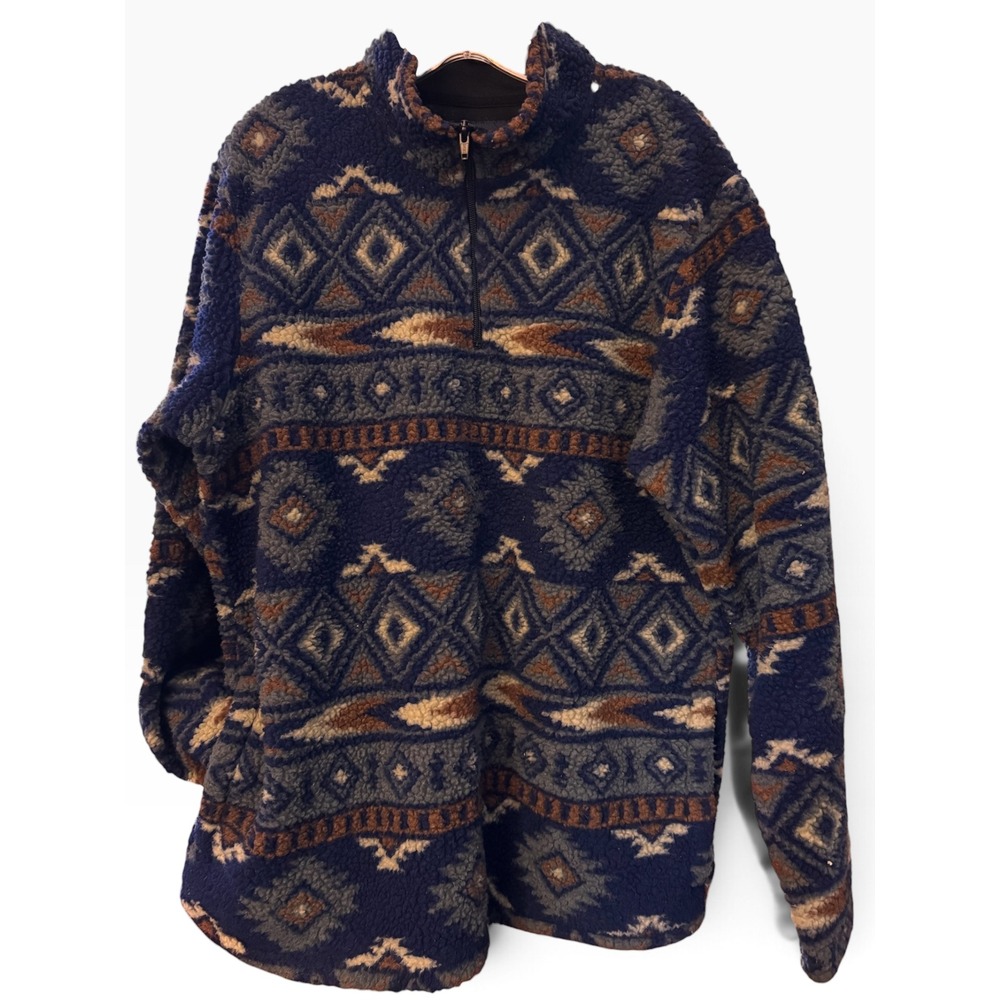 Wrangler Mens Aztec Southwestern Fleece Quarter Zip Pullover Navy Blue Medium